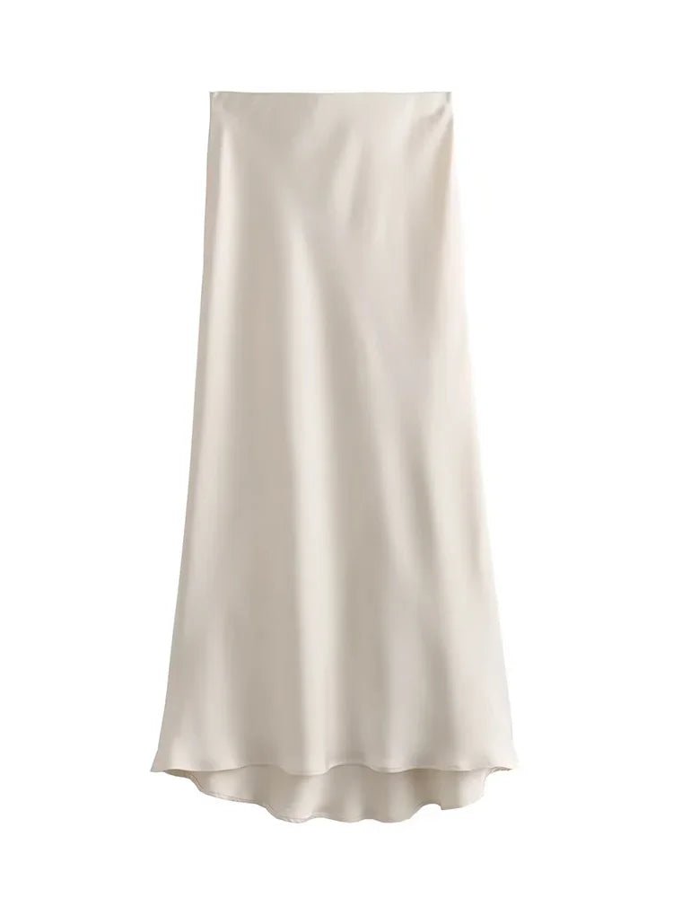 Satin Midi Skirt High Waist Flowy A - Line — Quiet Luxury Old Money Chic - BaeSprout.com