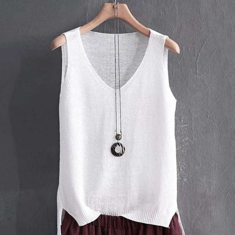 Knit V - Neck Vest Top Sleeveless Side Slit — Cottagecore Indie Layering - BaeSprout.com