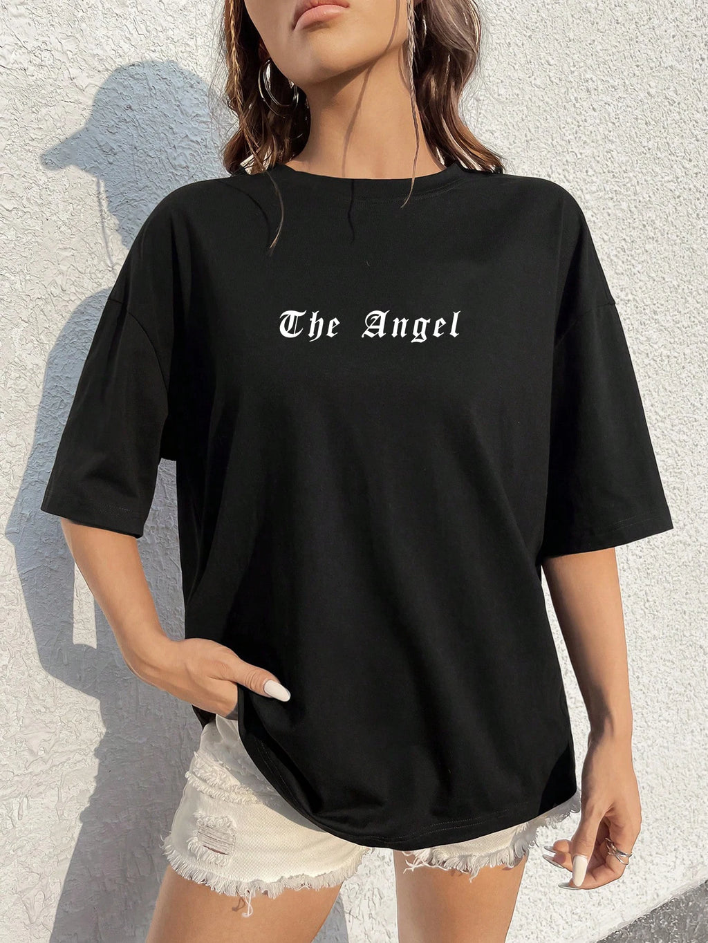 Angel Wings Back Graphic Oversized Tee with Short Sleeves — Y2K Grunge - BaeSprout.com