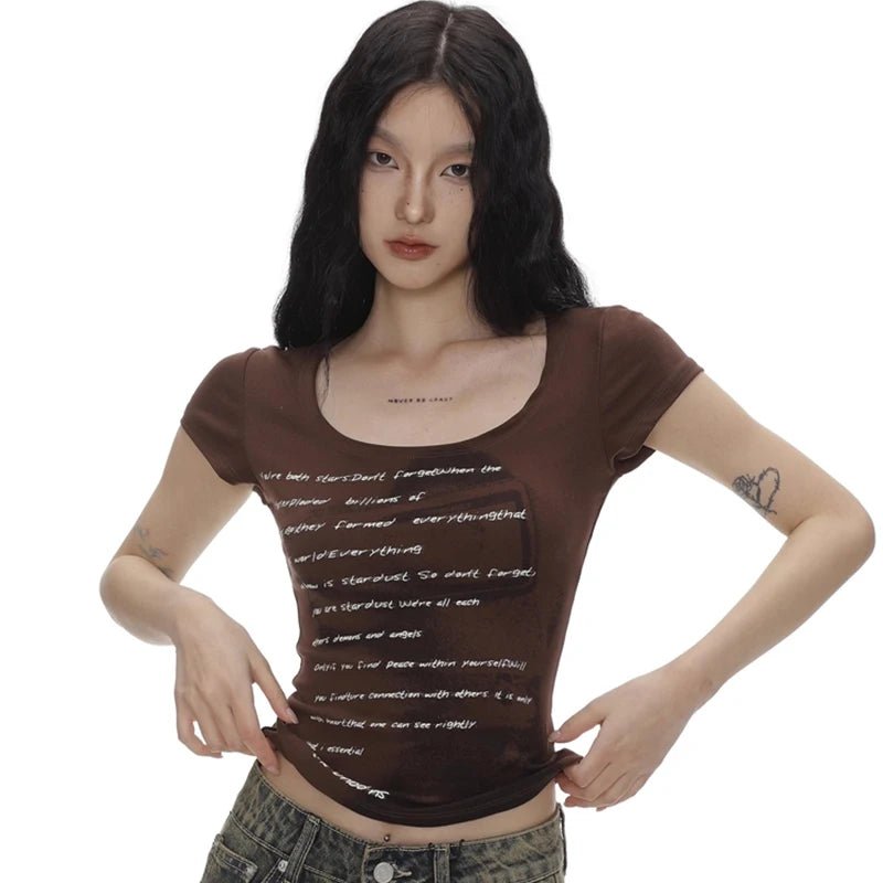 Letter Print Baby Tee Scoop Neck Fitted — Y2K Indie Alt Grunge - BaeSprout.com