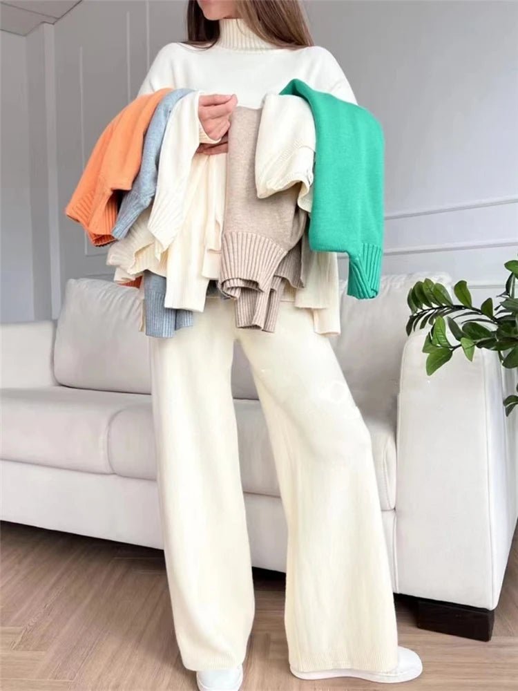 Knit Turtleneck Sweater Wide Leg Pants Set Two Piece — Quiet Luxury - BaeSprout.com