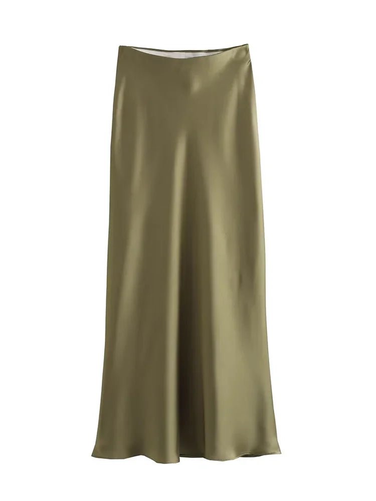Satin Midi Skirt High Waist Flowy A - Line — Quiet Luxury Old Money Chic - BaeSprout.com