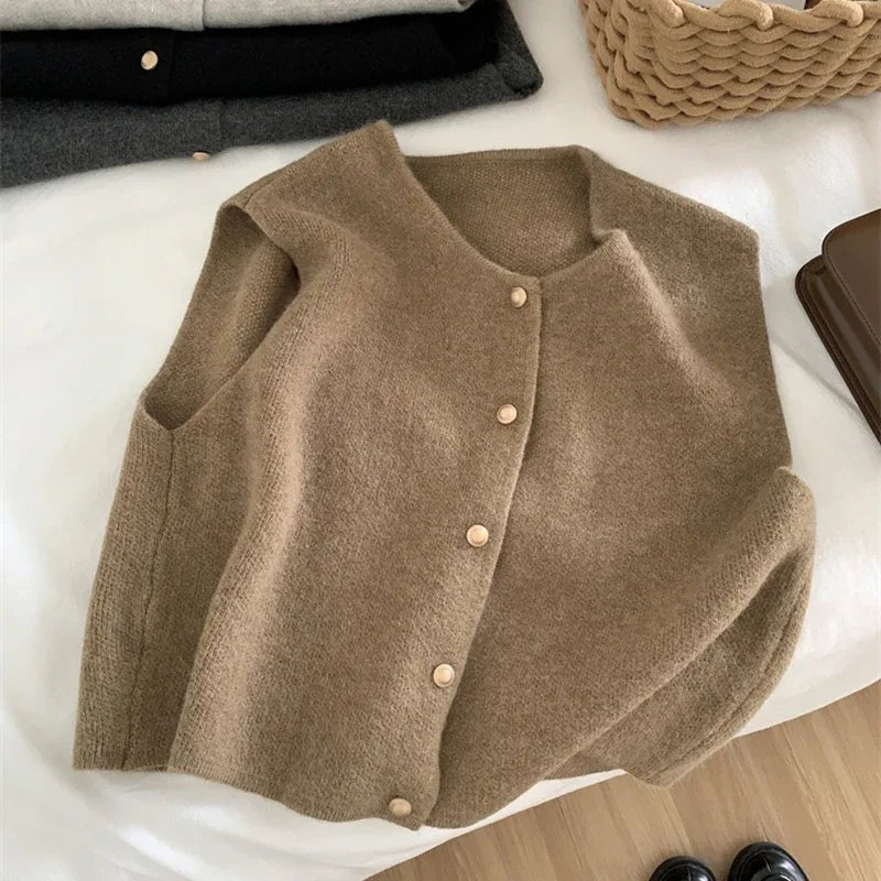 Knit Sweater Vest Gold Button Sleeveless Crop — Quiet Luxury Layering - BaeSprout.com