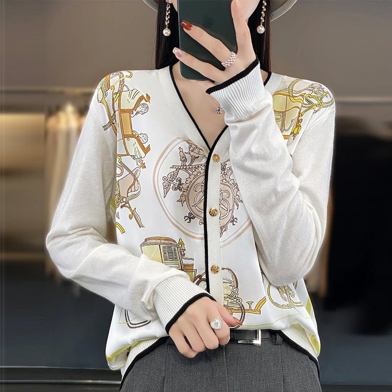 Equestrian Print Knit Cardigan V - Neck Button — Old Money Quiet Luxury - BaeSprout.com