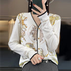 Equestrian Print Knit Cardigan V - Neck Button — Old Money Quiet Luxury - BaeSprout.com