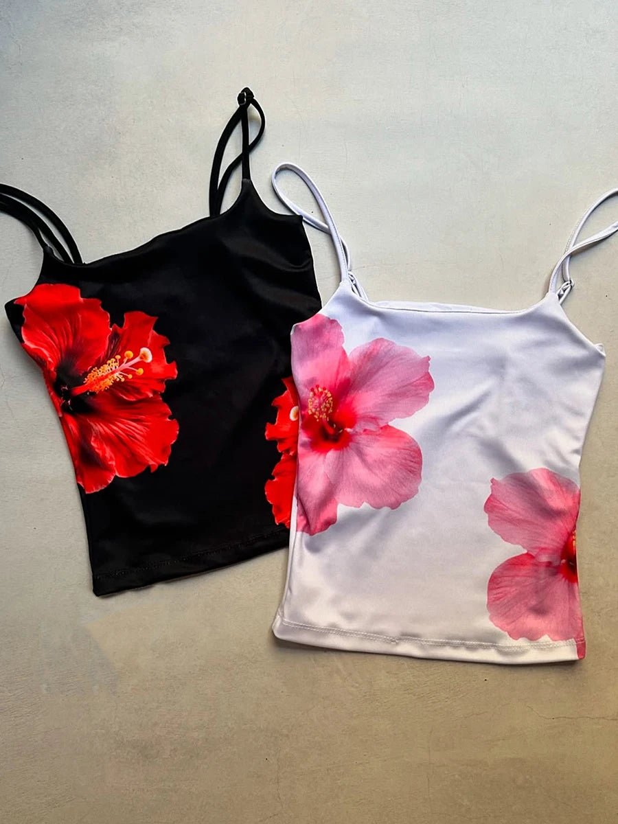 Hibiscus Print Cami Top Spaghetti Strap Slim — Y2K Baddie & Streetwear - BaeSprout.com