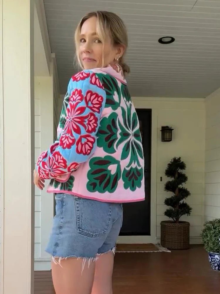 Vintage Floral Quilted Jacket Lapel Button - Up — Cottagecore Y2K Outerwear - BaeSprout.com