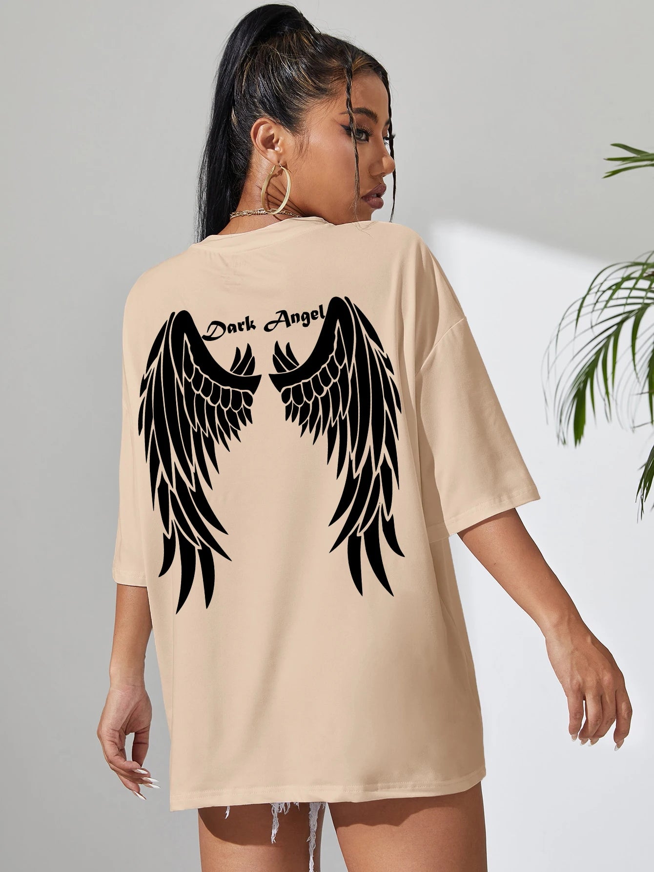 Angel Wings Back Graphic Oversized Tee with Short Sleeves — Y2K Grunge - BaeSprout.com