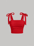 Ruched Bow Tie Shoulder Crop Top with Wide Straps — Y2K Coquette - BaeSprout.com