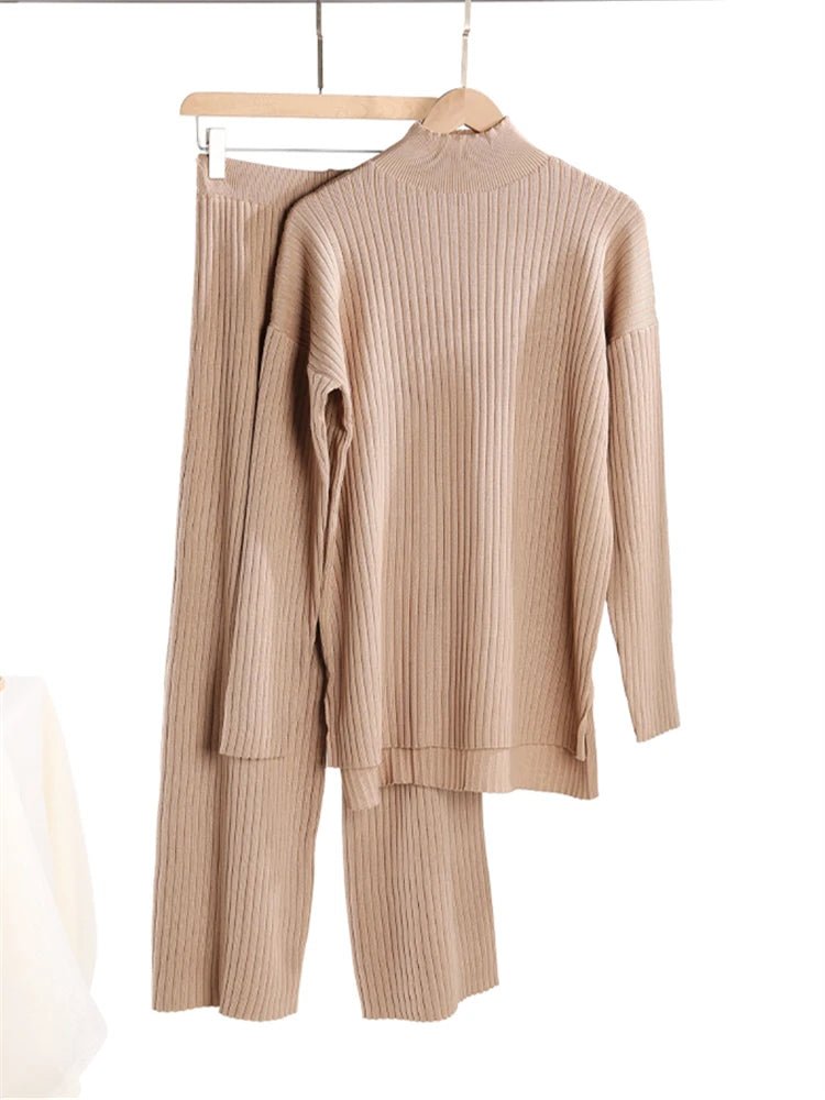 Knit Turtleneck Sweater Wide Leg Pants Set Two Piece — Quiet Luxury - BaeSprout.com