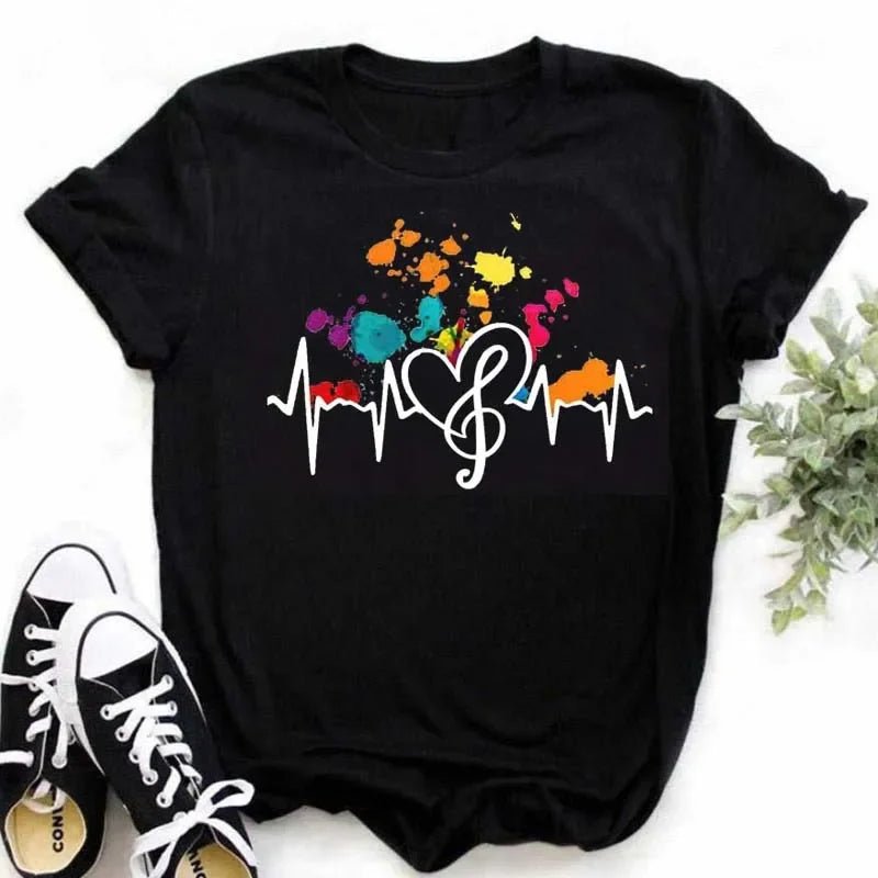 Music Heartbeat Graphic Tee Short Sleeve — Indie Alt & Harajuku Style - BaeSprout.com