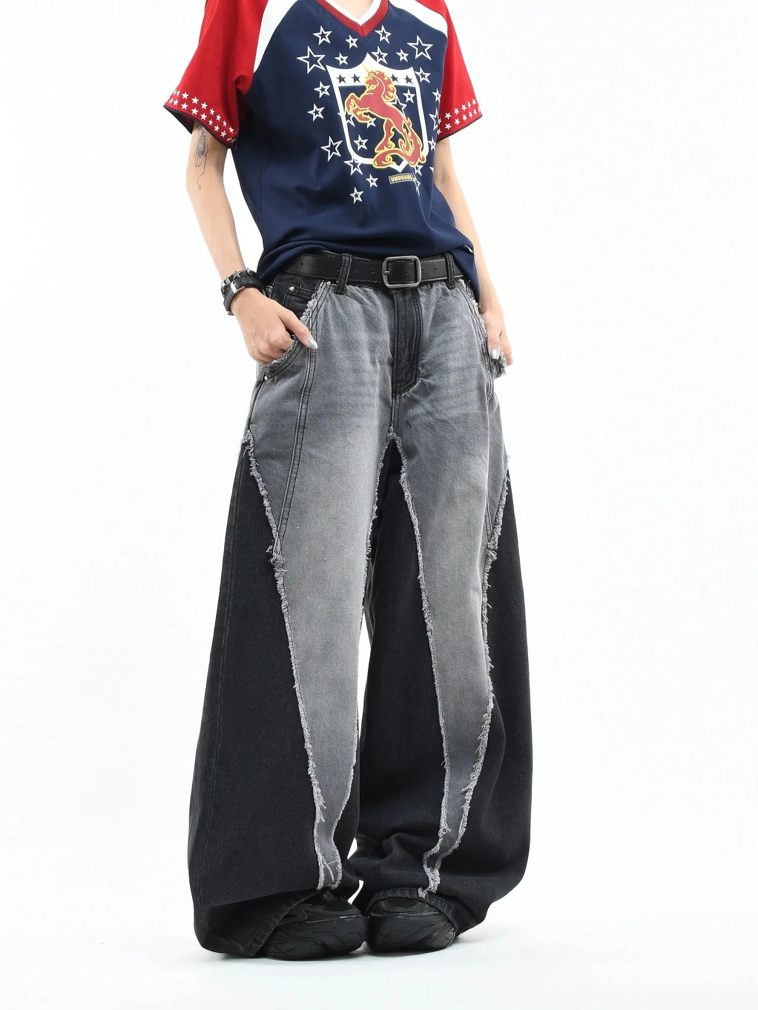 Color Block Patchwork Baggy Wide Leg Jeans - Y2K - BaeSprout.com