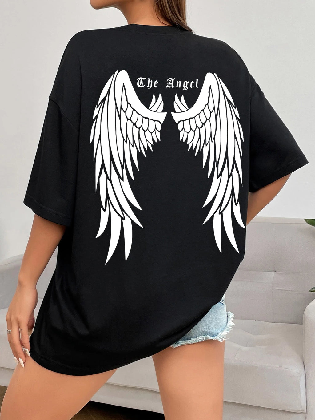 Angel Wings Back Graphic Oversized Tee with Short Sleeves — Y2K Grunge - BaeSprout.com