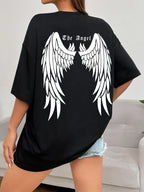 Angel Wings Back Graphic Oversized Tee with Short Sleeves — Y2K Grunge - BaeSprout.com