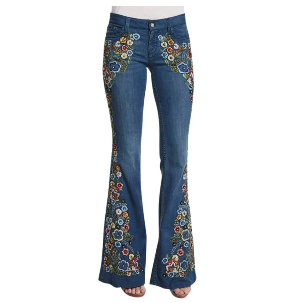 Floral Embroidered Denim Flare Jeans - Retro Boho - BaeSprout.com