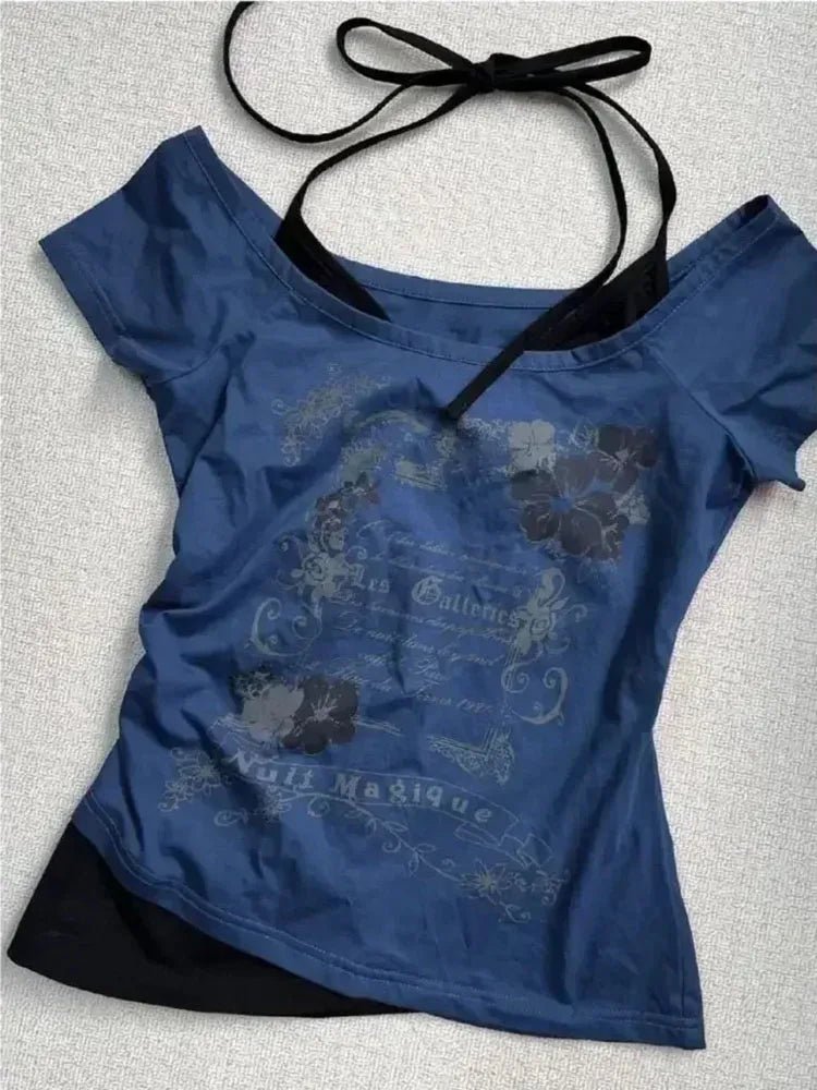 Floral Graphic Halter Tie Tee with Off - Shoulder Cut — Y2K Vintage - BaeSprout.com