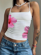 Hibiscus Print Cami Top Spaghetti Strap Slim — Y2K Baddie & Streetwear - BaeSprout.com