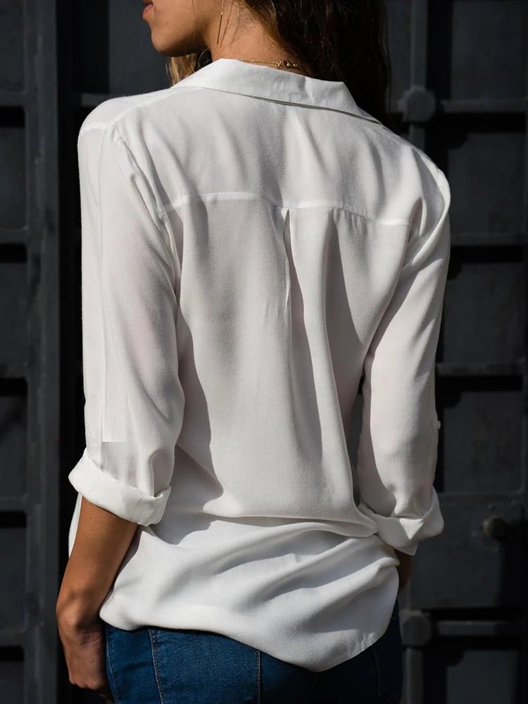 Chiffon Button - Down Blouse V - Neck Long Sleeve — Clean Girl Office Chic - BaeSprout.com