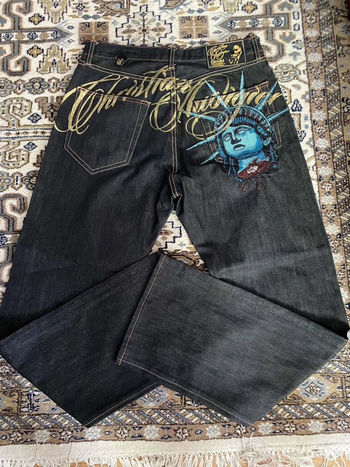 Statue of Liberty Rhinestone Jeans with Wide Leg — Y2K Harajuku - BaeSprout.com