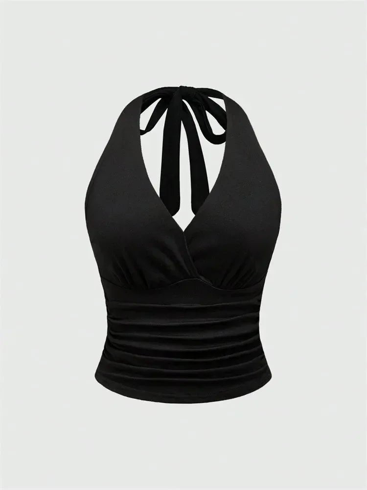 V - Neck Halter Crop Top Ruched Tie - Back Backless — Y2K Baddie Night Out - BaeSprout.com