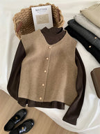 Knit Sweater Vest Gold Button Sleeveless Crop — Quiet Luxury Layering - BaeSprout.com