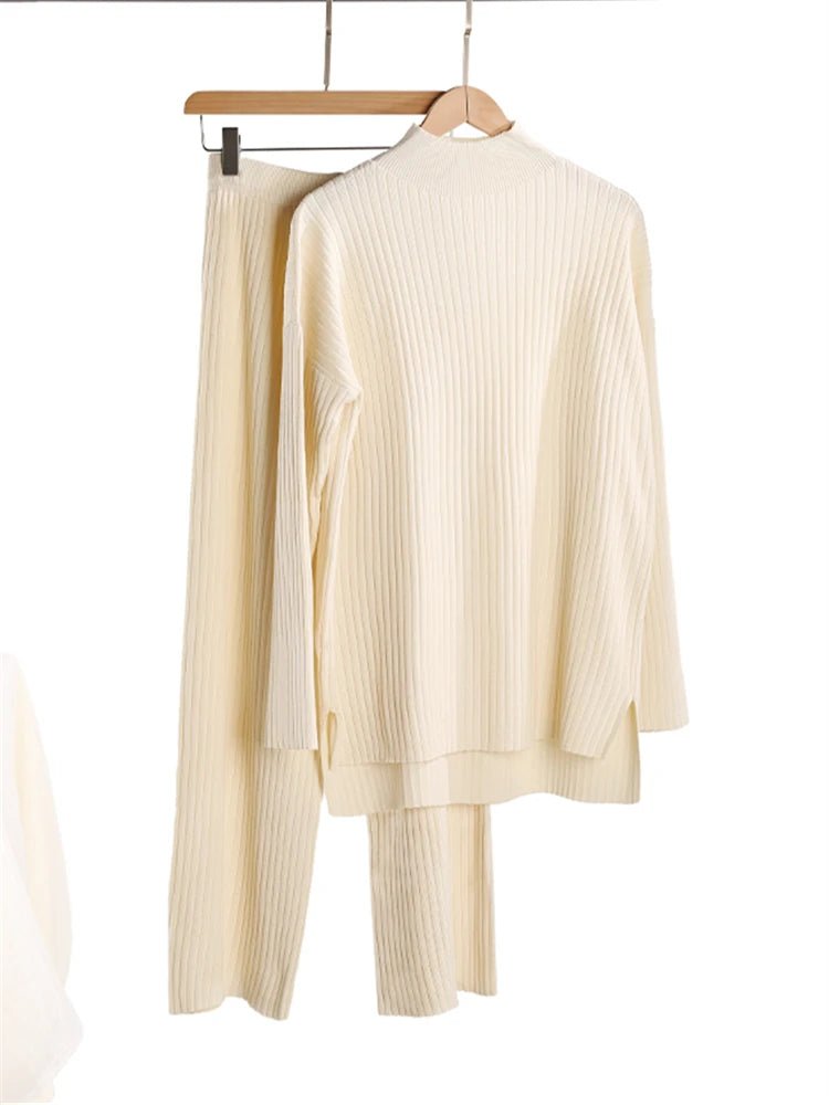Knit Turtleneck Sweater Wide Leg Pants Set Two Piece — Quiet Luxury - BaeSprout.com