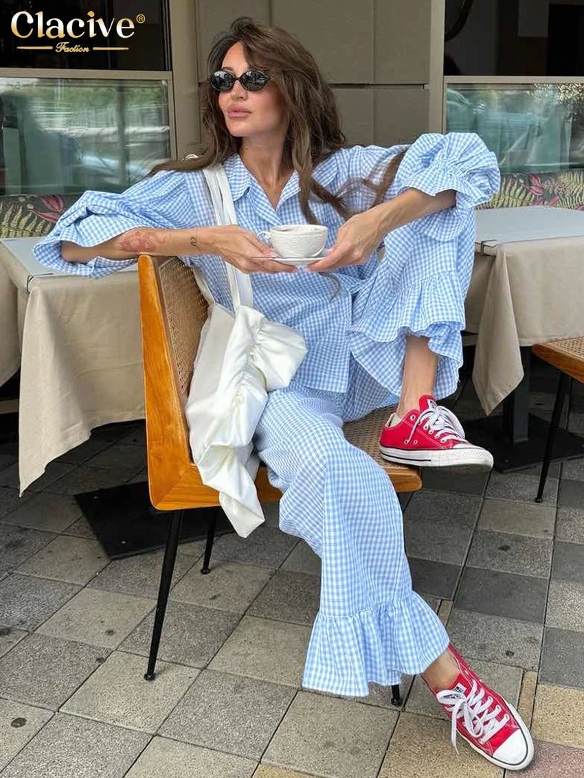 Gingham Ruffle Wide Leg Pants Set 3 Piece — Cottagecore Coquette Chic - BaeSprout.com