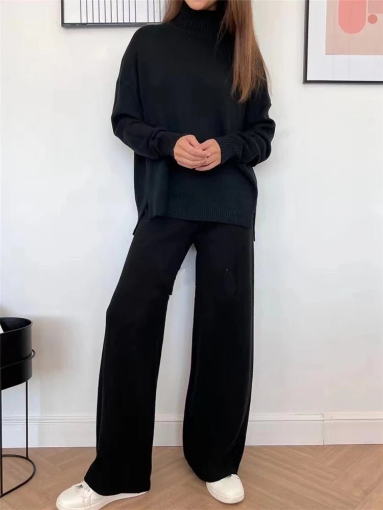 Knit Turtleneck Sweater Wide Leg Pants Set Two Piece — Quiet Luxury - BaeSprout.com