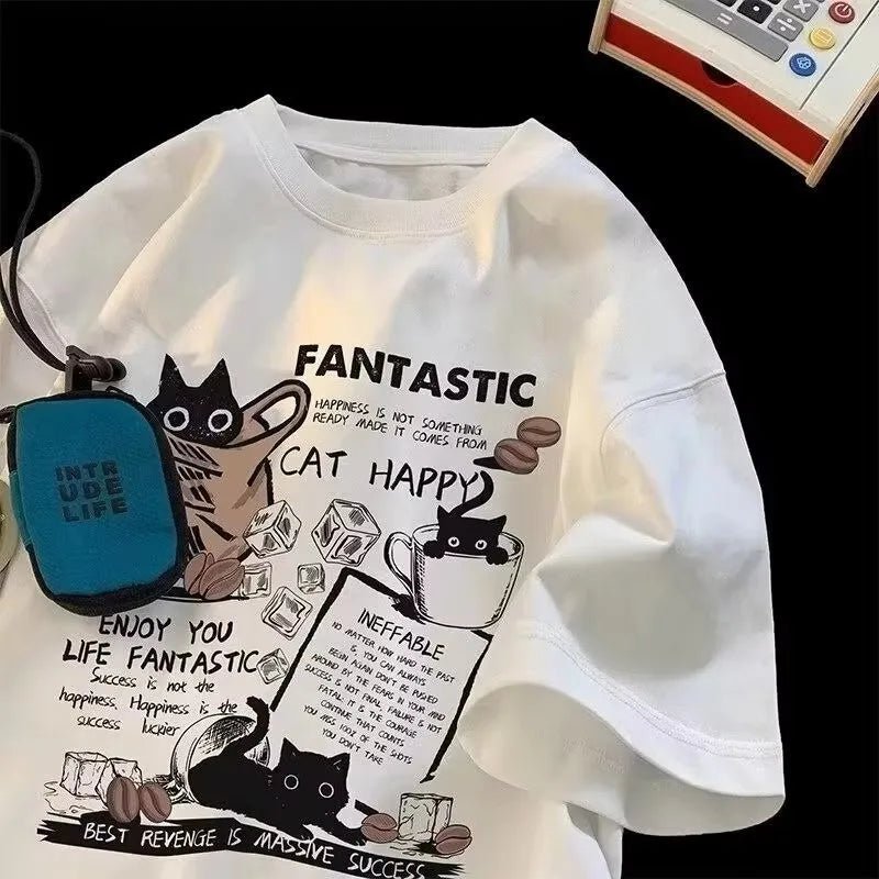Cat Graphic Oversized Tee with Slogan Print — Y2K Indie Casual - BaeSprout.com