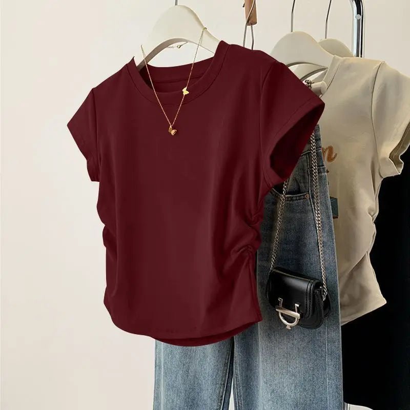Ruched Side Tee Slim Fit Cap Sleeve Crew Neck — Clean Girl Everyday - BaeSprout.com