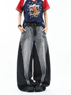 Color Block Patchwork Baggy Wide Leg Jeans - Y2K - BaeSprout.com