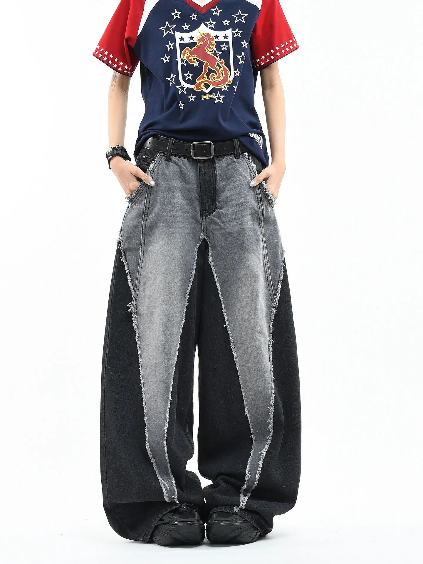 Color Block Patchwork Baggy Wide Leg Jeans - Y2K - BaeSprout.com