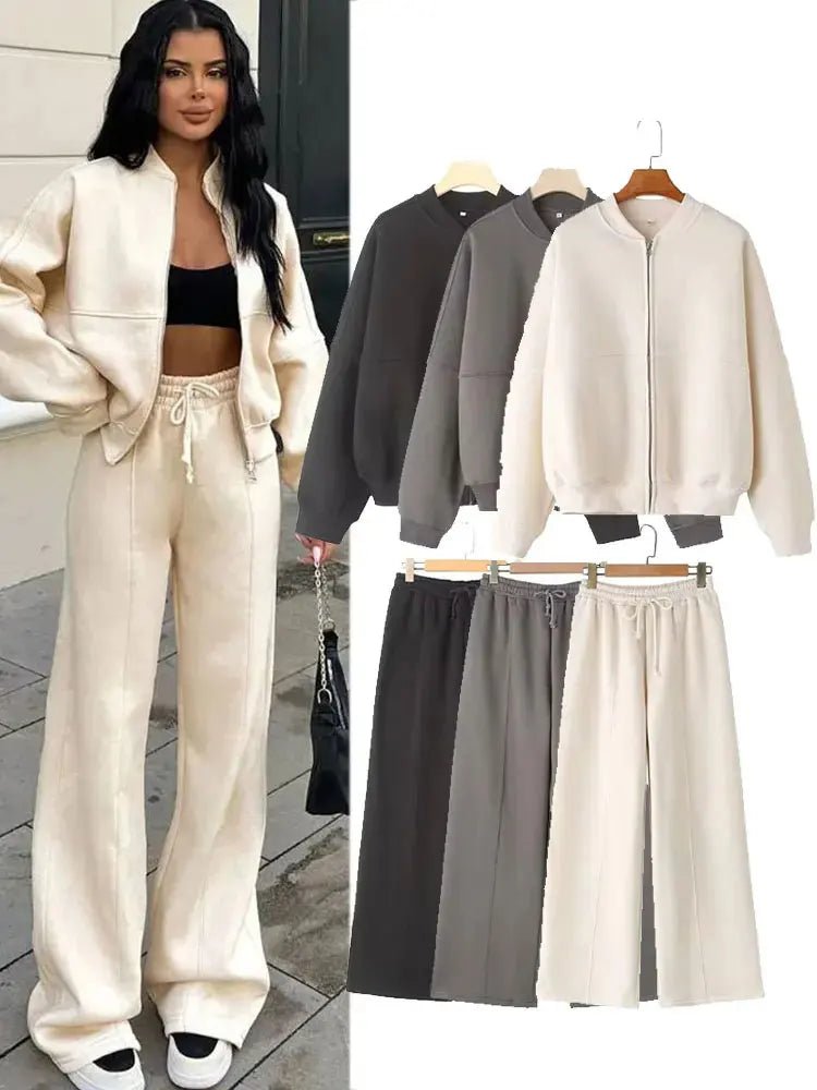 Bomber Jacket Wide Leg Pants Set Two Piece — Quiet Luxury Y2K Streetwear - BaeSprout.com