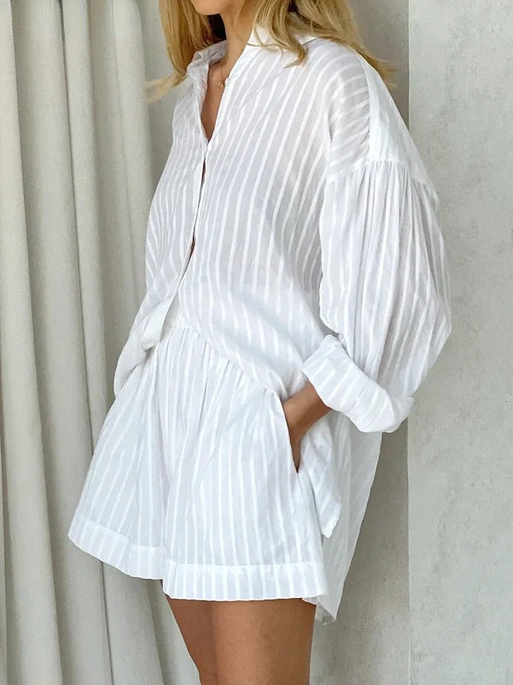 Striped Jacquard Shirt and Shorts Set with Lantern Sleeves — Quiet Luxury - BaeSprout.com