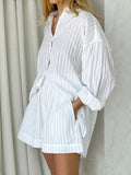 Striped Jacquard Shirt and Shorts Set with Lantern Sleeves — Quiet Luxury - BaeSprout.com