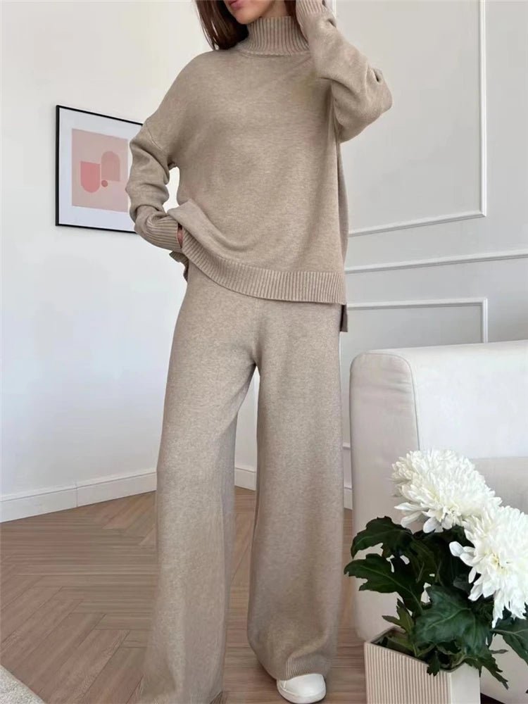 Knit Turtleneck Sweater Wide Leg Pants Set Two Piece — Quiet Luxury - BaeSprout.com