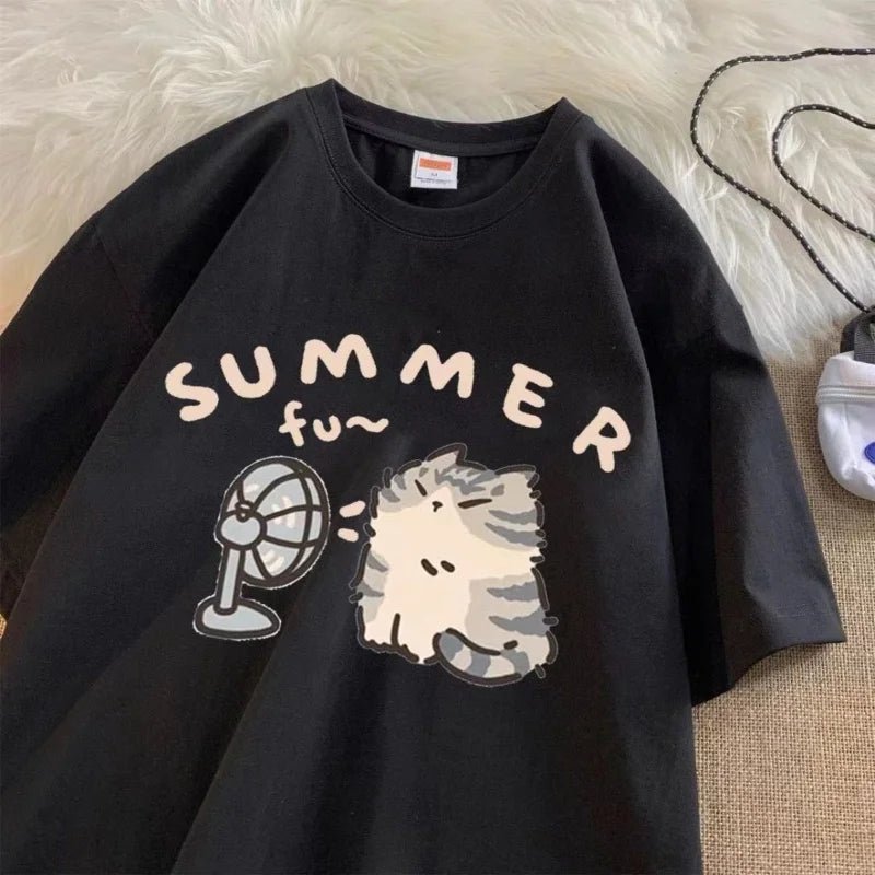 Cute Cat Graphic Tee Oversized — Kawaii Y2K Summer - BaeSprout.com
