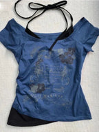 Floral Graphic Halter Tie Tee with Off - Shoulder Cut — Y2K Vintage - BaeSprout.com
