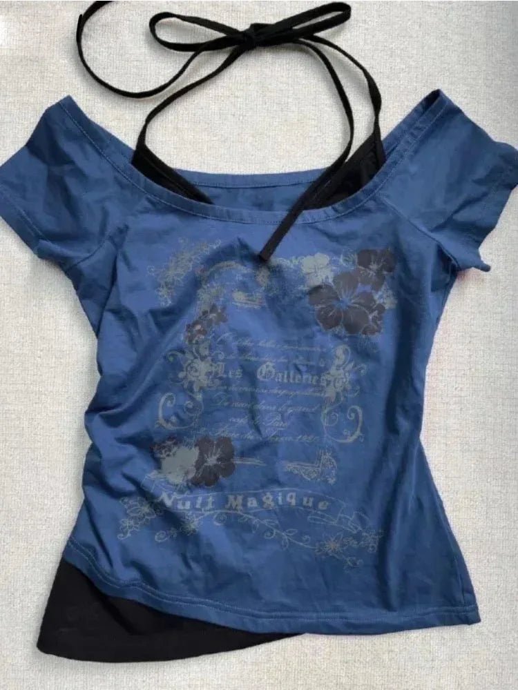 Floral Graphic Halter Tie Tee with Off - Shoulder Cut — Y2K Vintage - BaeSprout.com