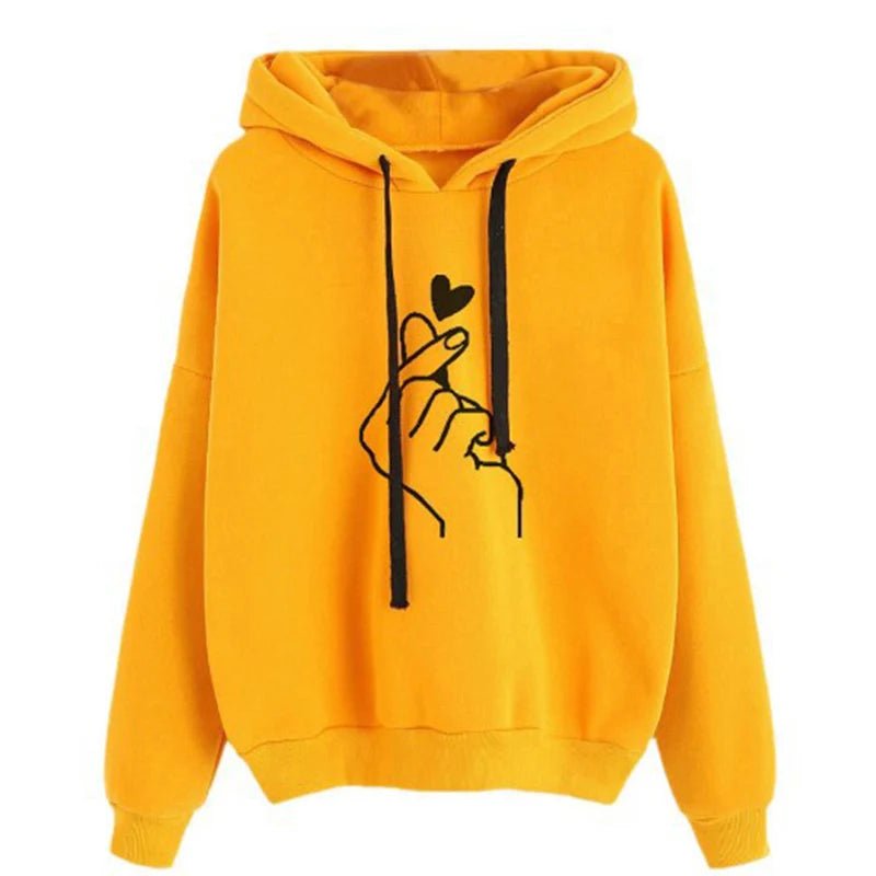 Finger Heart Graphic Hoodie Loose Fit Fleece — K - Pop Coquette Casual - BaeSprout.com