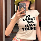 Slogan Print Fitted Crop Tee with Short Sleeves — Y2K Harajuku - BaeSprout.com