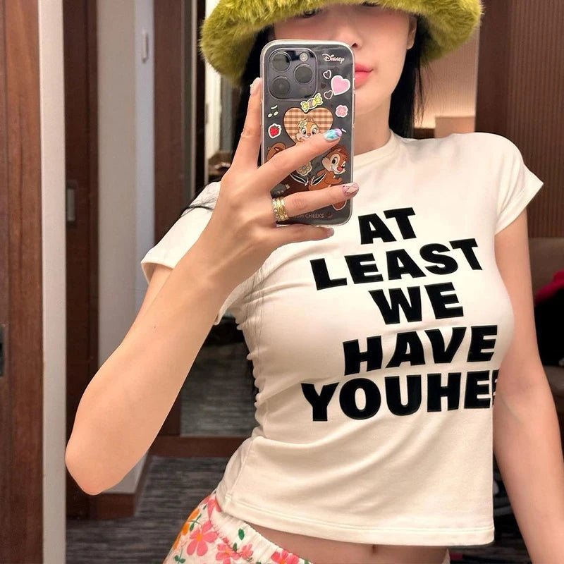 Slogan Print Fitted Crop Tee with Short Sleeves — Y2K Harajuku - BaeSprout.com
