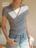 Crossover V - Neck Ruched Crop Top with Short Sleeves — Korean Casual - BaeSprout.com