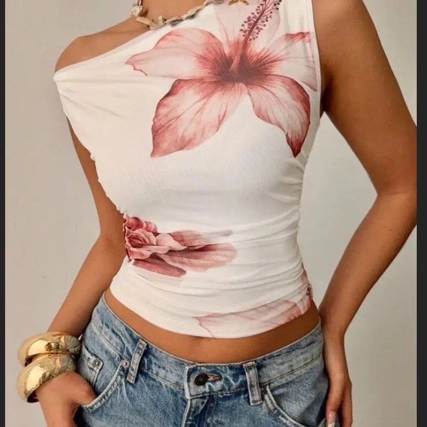 Floral Asymmetric Crop Top One Shoulder Ruched — Coquette Y2K Summer - BaeSprout.com