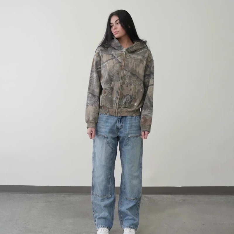 Camo Print Oversized Zip - Up Hoodie — Y2K Streetwear Everyday - BaeSprout.com