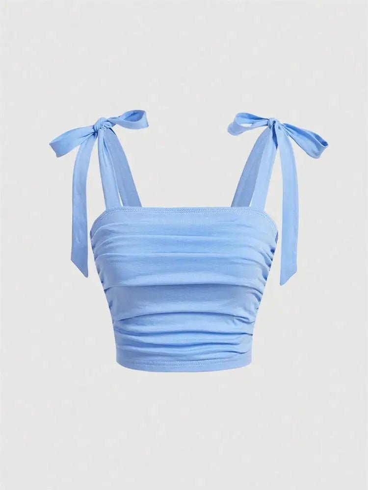 Ruched Bow Tie Shoulder Crop Top with Wide Straps — Y2K Coquette - BaeSprout.com