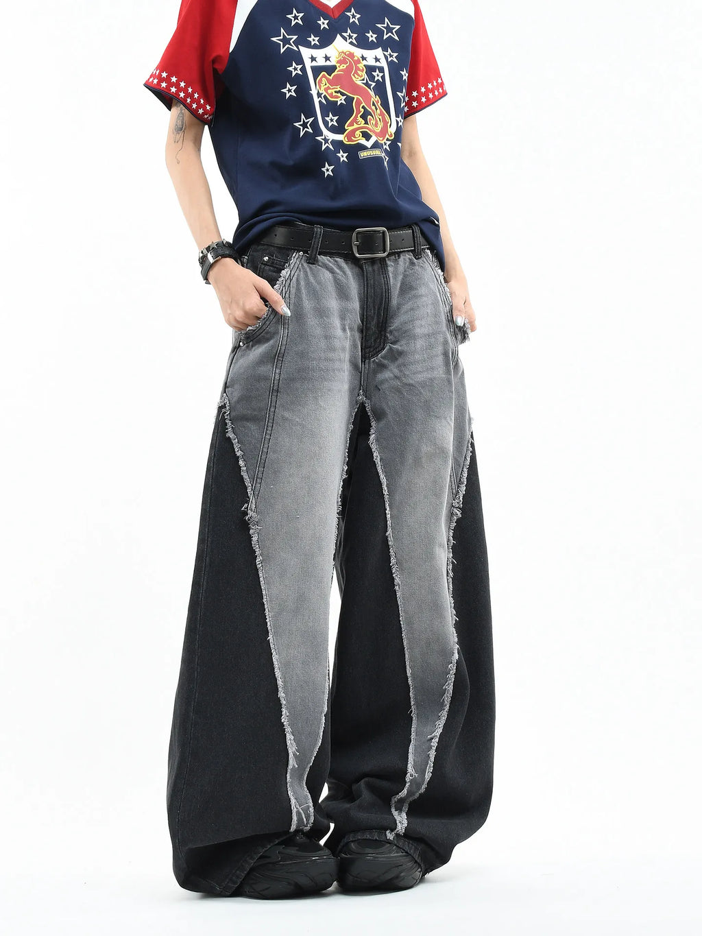Color Block Patchwork Baggy Wide Leg Jeans - Y2K - BaeSprout.com