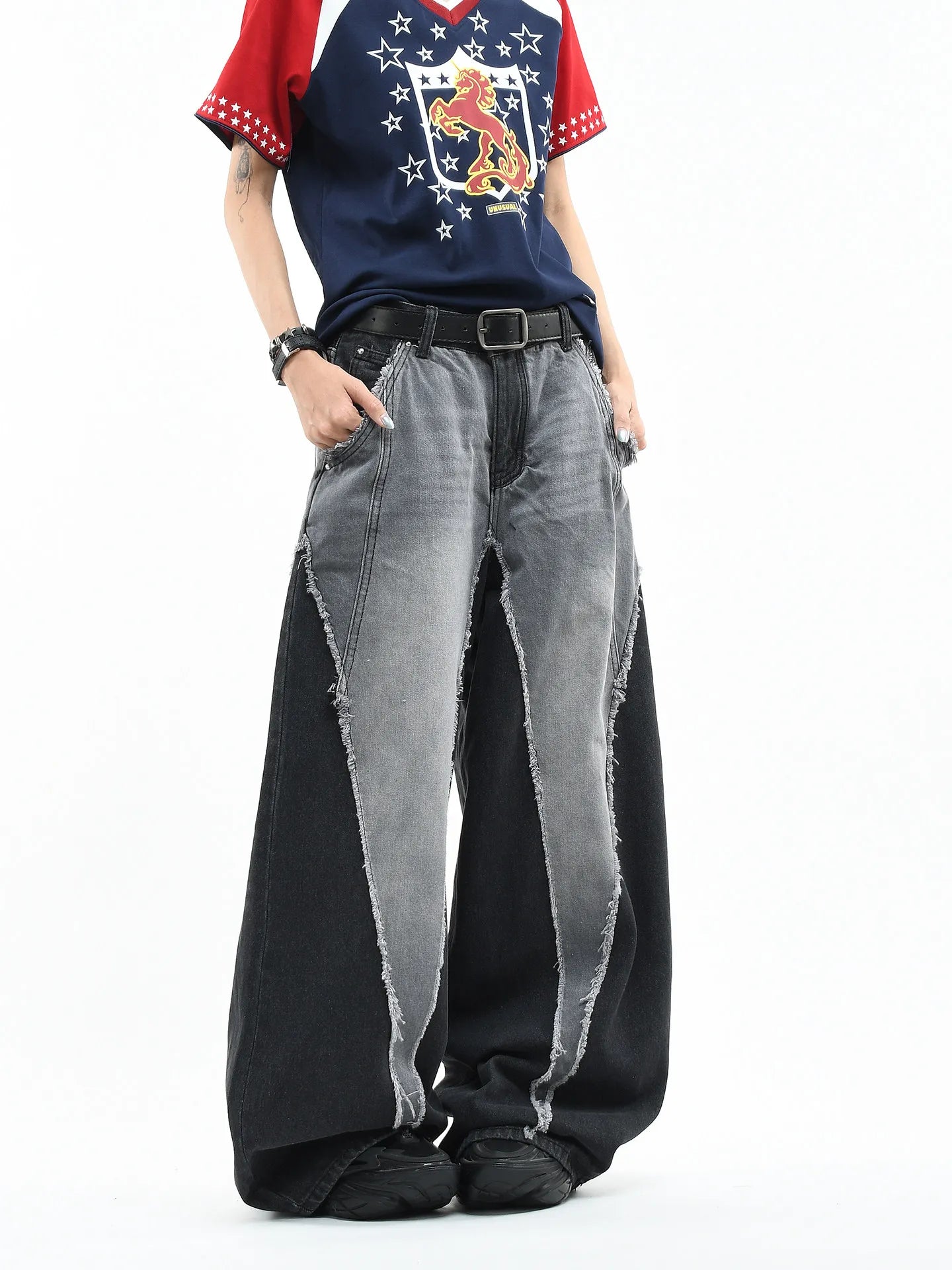 Color Block Patchwork Baggy Wide Leg Jeans - Y2K - BaeSprout.com