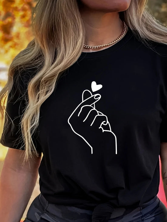 Finger Heart Graphic Tee Crew Neck Short Sleeve — K-Pop Indie Casual