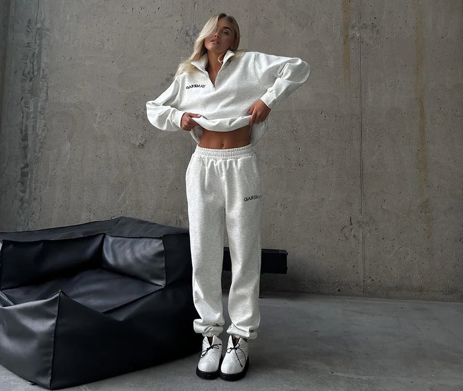 Crop Half - Zip Sweatsuit Set Two Piece Oversized — Clean Girl Loungewear - BaeSprout.com